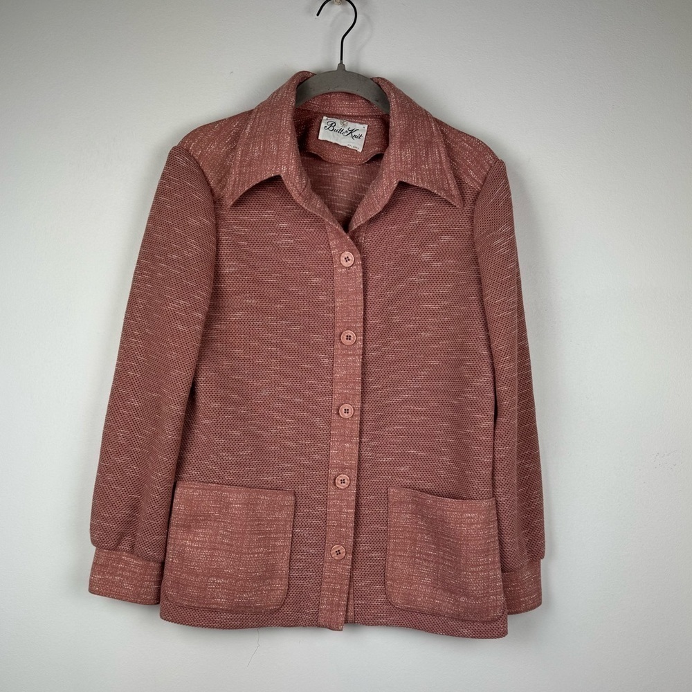 Vintage Butte Knit Mauve Button Front Mesh Jacket, Estimated Size Medium